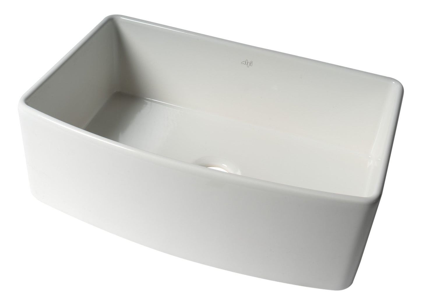 ALFI brand ABFC3020 ABFC3020-W White Smooth Curved Apron 30" x 20" Single Bowl Fireclay Farm Sink with Grid