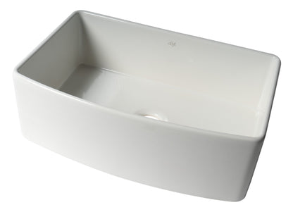 ALFI brand ABFC3020 ABFC3020-W White Smooth Curved Apron 30" x 20" Single Bowl Fireclay Farm Sink with Grid