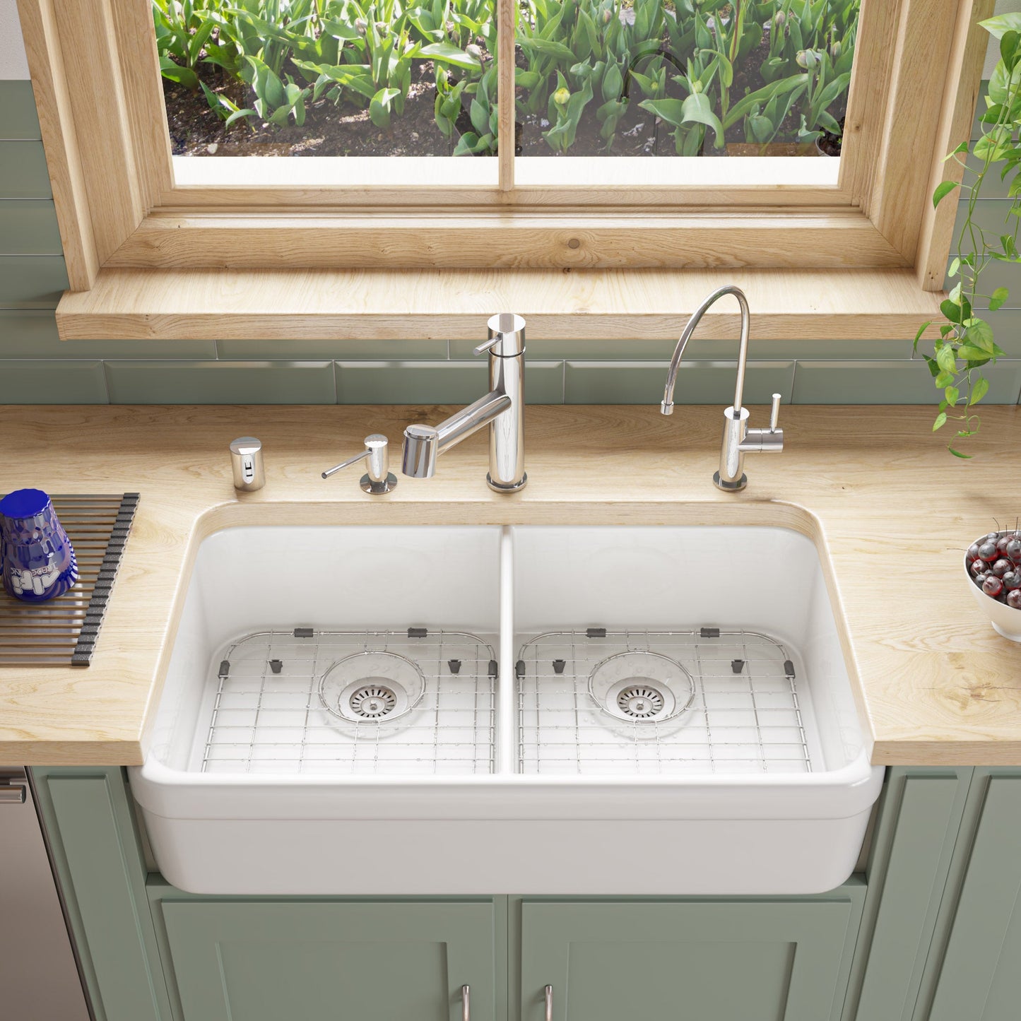 ALFI brand AB512 AB512-W White 32" Double Bowl Lip Apron Fireclay Farmhouse Kitchen Sink with 1 3/4" Lip