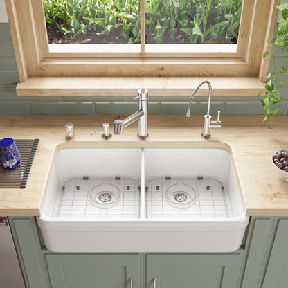 ALFI brand AB512 AB512-W White 32" Double Bowl Lip Apron Fireclay Farmhouse Kitchen Sink with 1 3/4" Lip
