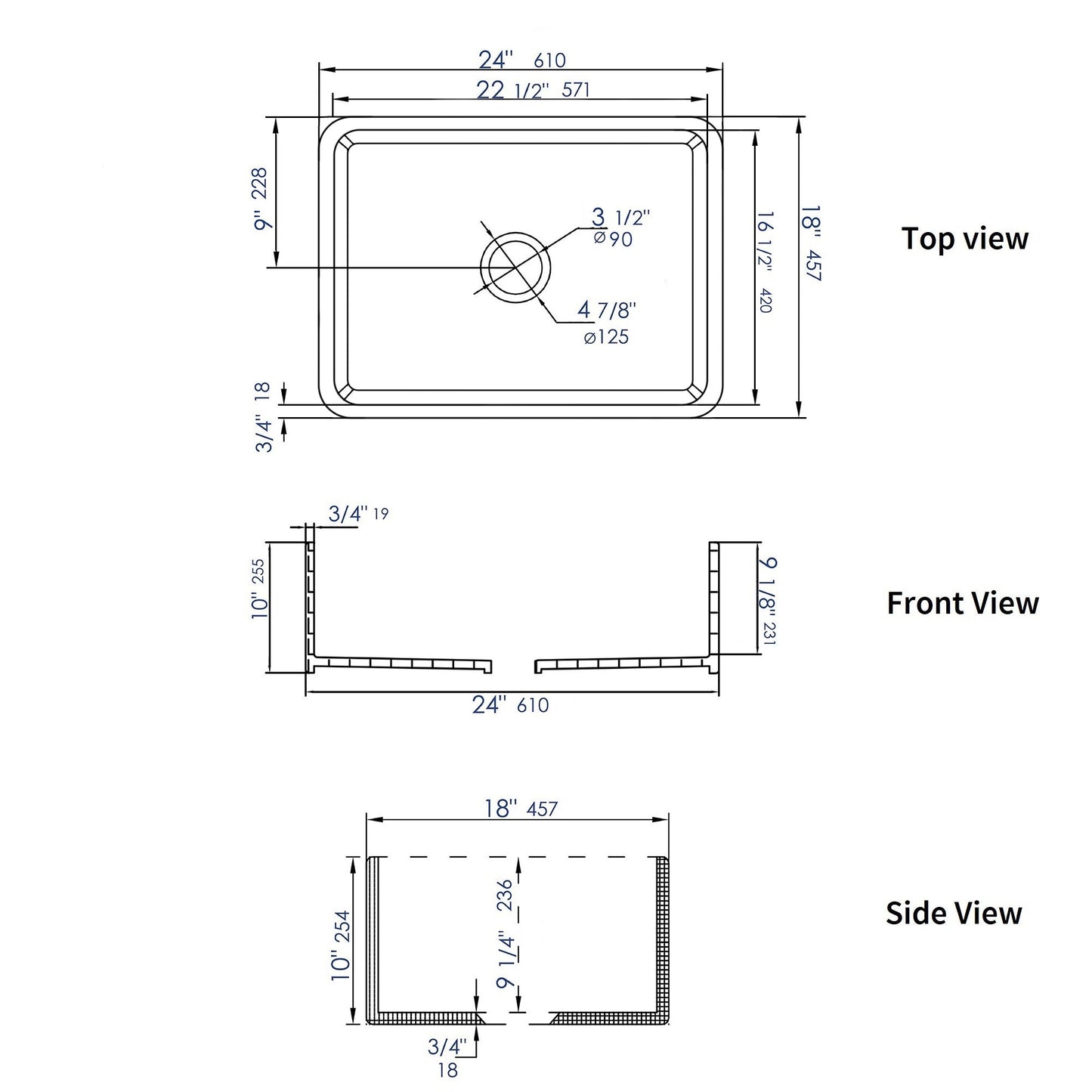 ALFI brand ABF2418 Smooth Apron 24" x 18" Single Bowl Fireclay Farm Sink