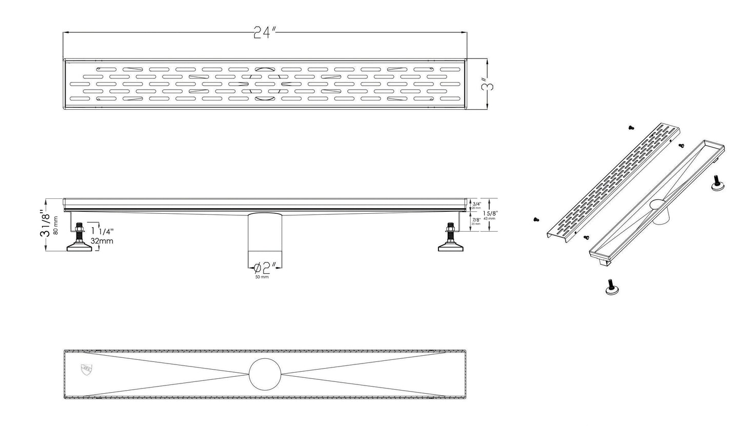 ALFI brand  ABLD24C 24" Long Modern Stainless Steel Linear Shower Drain with Groove Holes