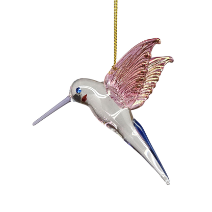 Feeding Hummingbird glass Ornament - Pink Wings / Blue Tail / Blue Beak