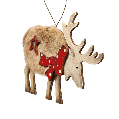Fuzzy Wooden Reindeer Ornament - Looking Right