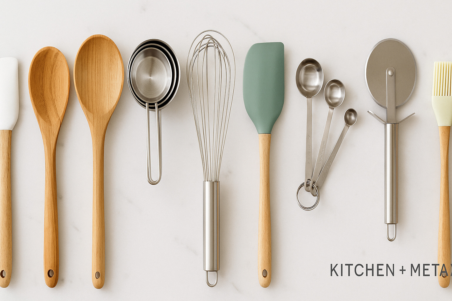 Kitchen Accessories banner featuring an elegant horizontal arrangement of kitchen tools including spatulas, wooden spoons, and measuring cups on a marble countertop with the text "Kitchen Accessories" in modern font