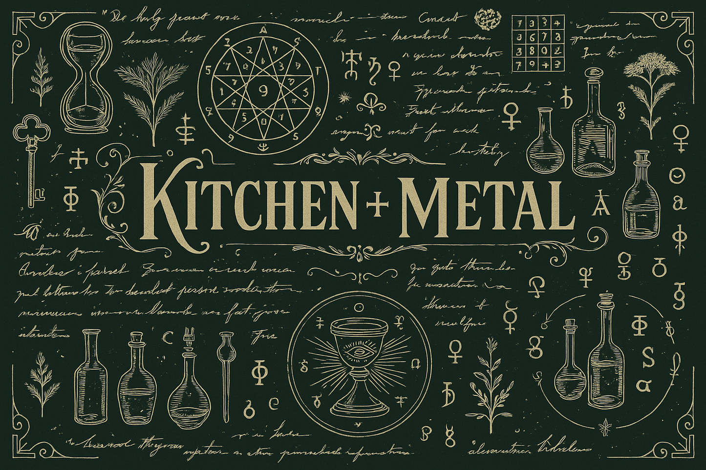 Decorative design with 'Kitchen Metal' text and various symbols on a dark background