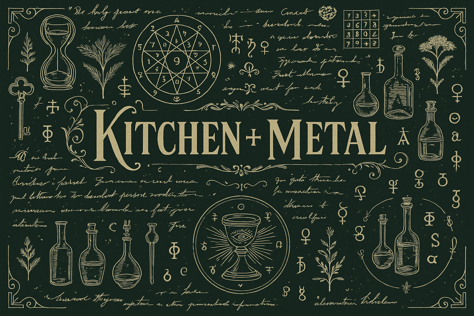 Decorative design with 'Kitchen Metal' text and various symbols on a dark background