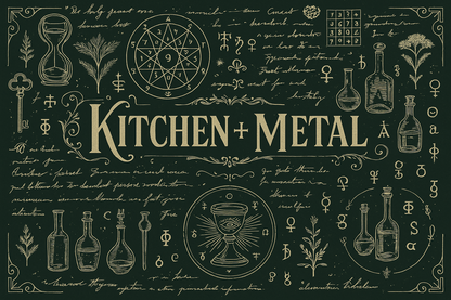 Decorative design with 'Kitchen Metal' text and various symbols on a dark background
