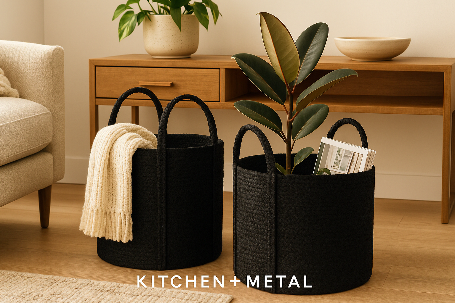 Kitchen + Metal Black Woven Storage Baskets Lifestyle
