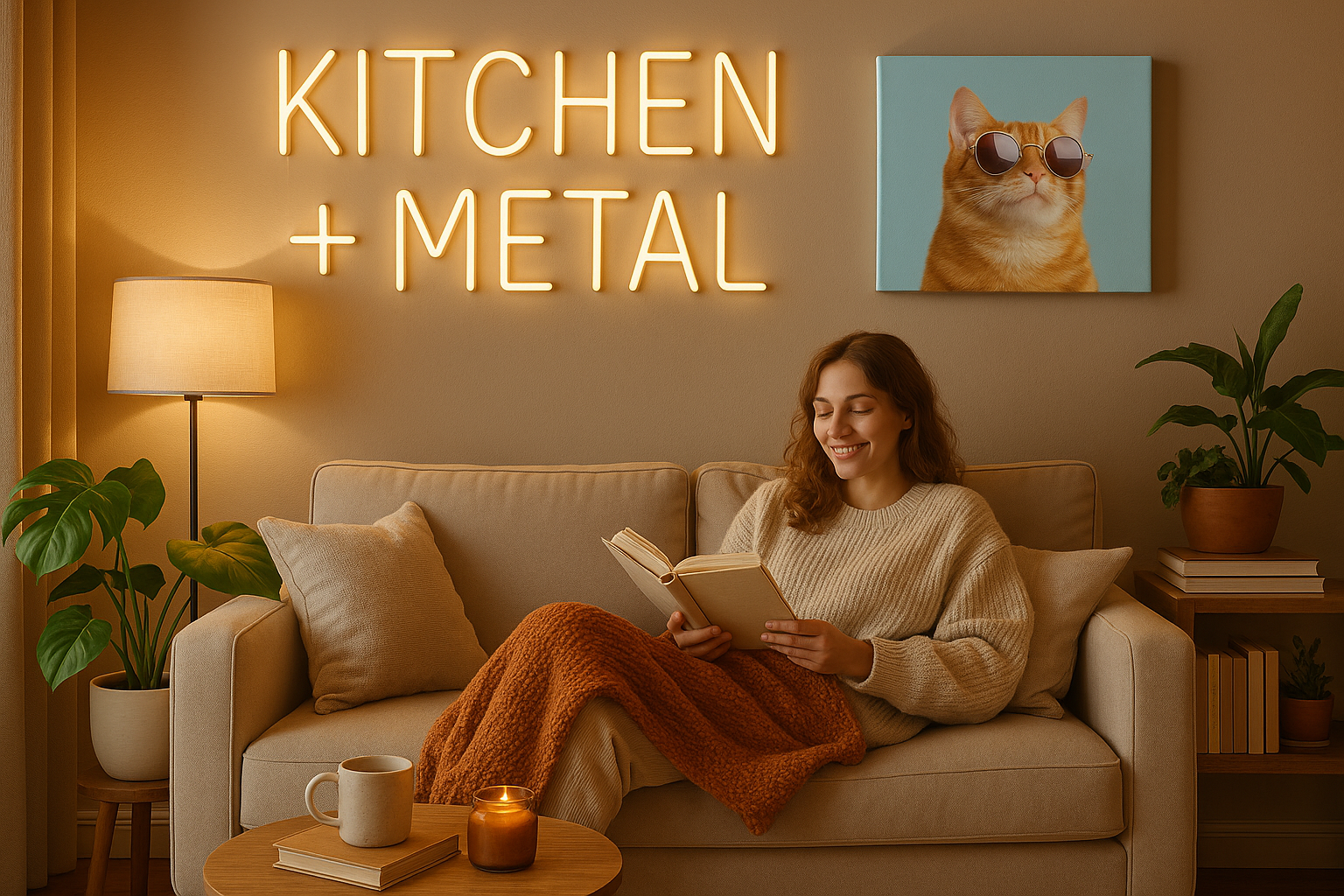Kitchen + Metal branded bedroom scene with typography and cat canvas art