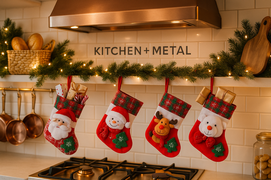 Kitchen + Metal branded Christmas stockings in a warm home setting