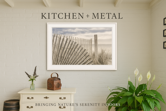 Kitchen + Metal branded home decor image featuring coastal beach fence photography in an elegant interior setting