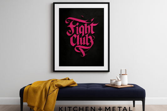 Kitchen + Metal branded home decor image featuring Fight Club typography art in a modern living space
