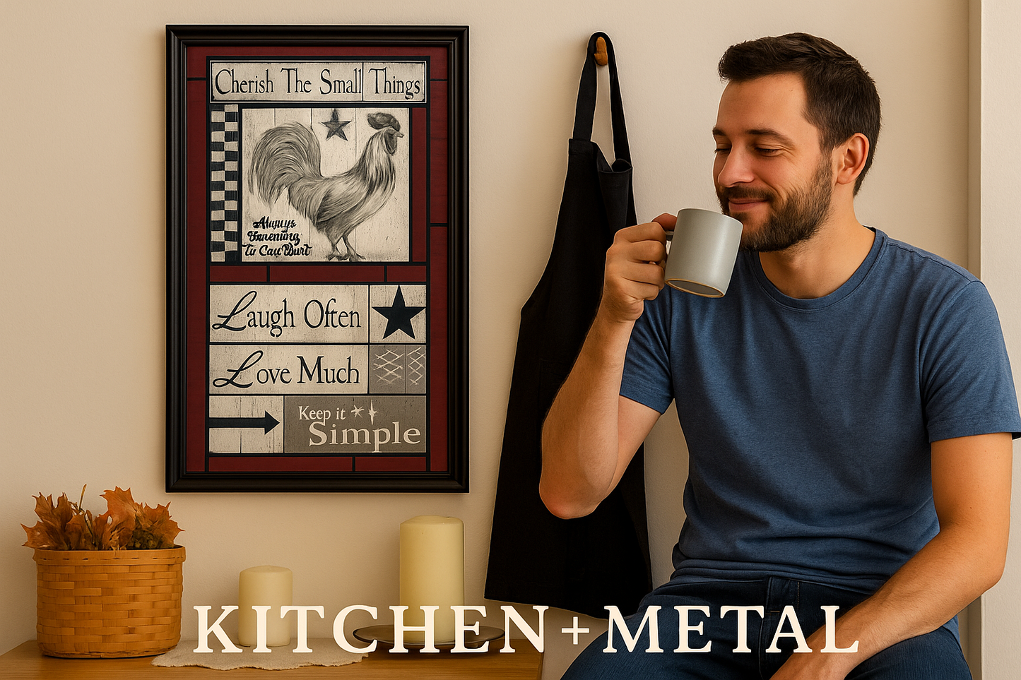 Kitchen + Metal branded home decor image featuring inspirational wall art with an off-duty chef in a cozy kitchen setting