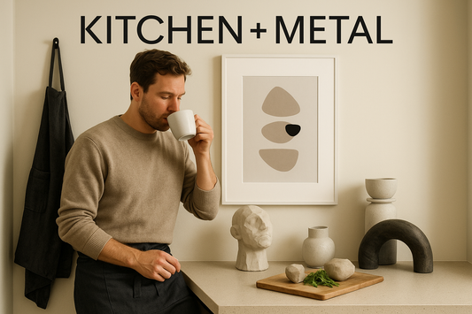 Kitchen + Metal branded home decor image featuring modern abstract art with an off-duty chef in a sophisticated kitchen setting