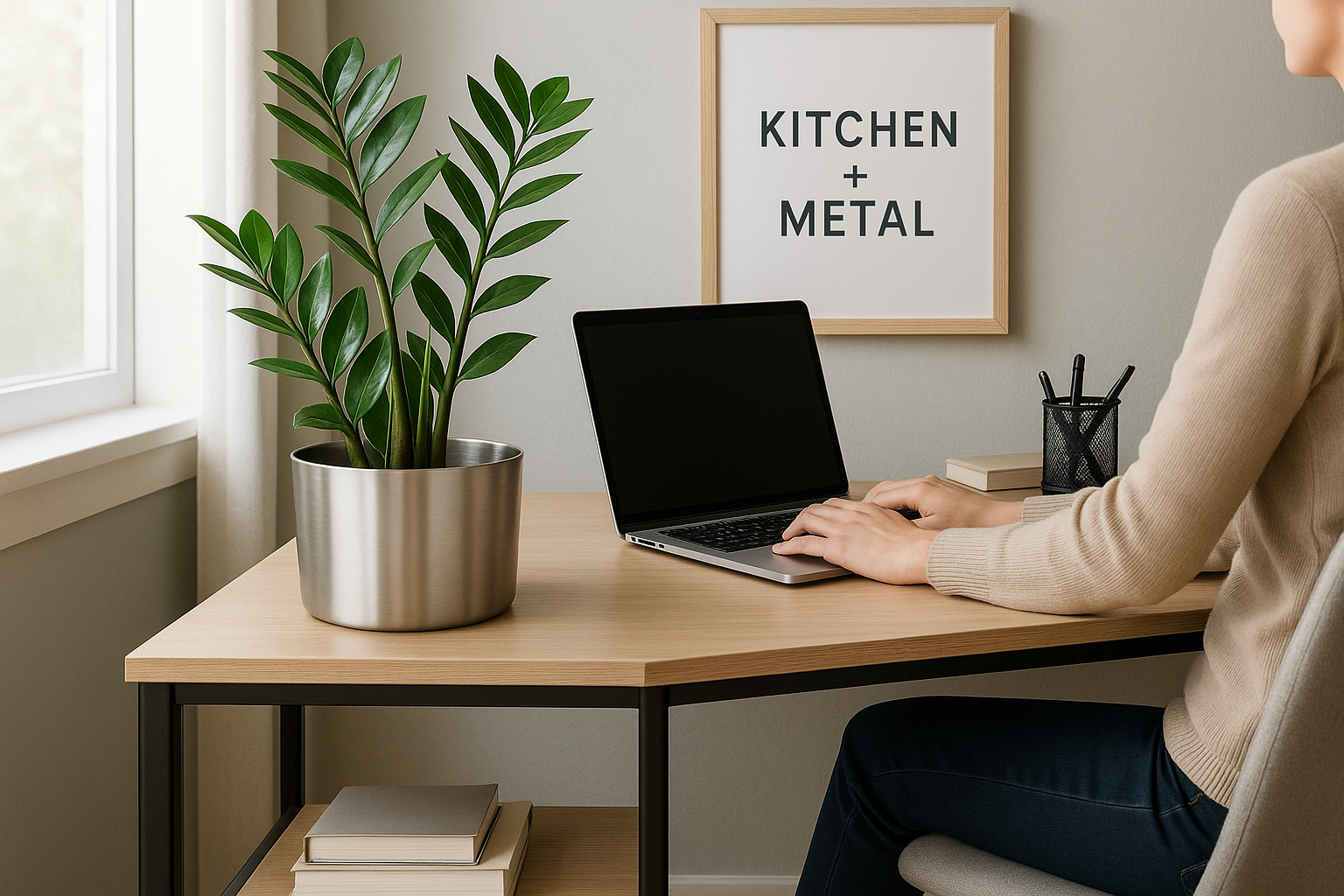 Kitchen + Metal branded home office lifestyle scene with metal planter