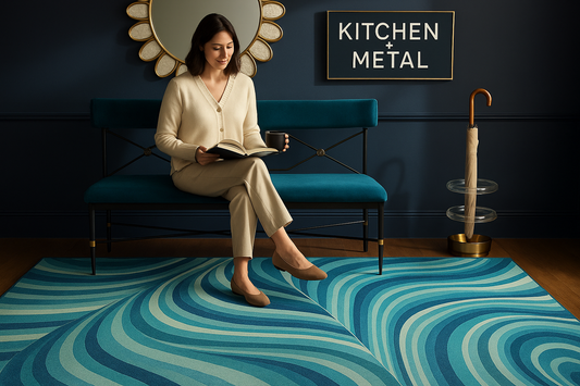 Kitchen + Metal branded home scene with blue waterfall rug as centerpiece