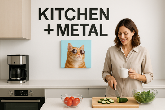 Kitchen + Metal branded kitchen scene with prominent typography and cat canvas art