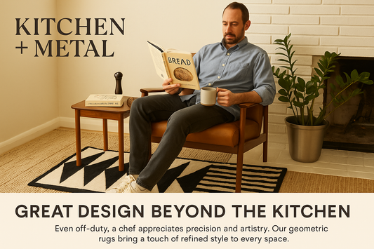 Kitchen + Metal branded lifestyle scene featuring geometric rug in chef's home
