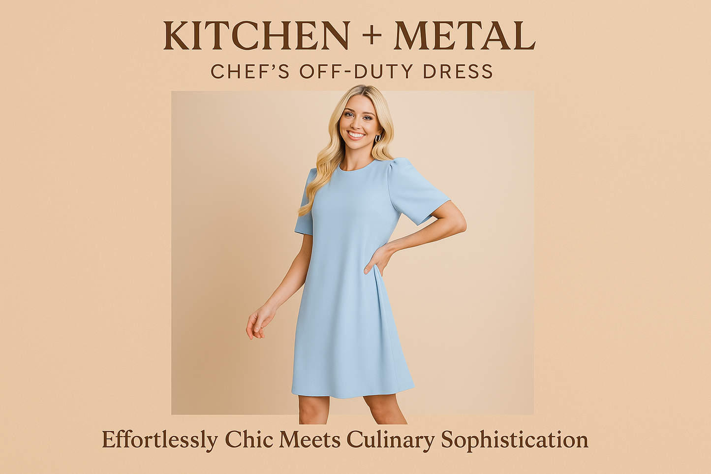 Kitchen + Metal branded product image featuring a light blue dress with chef-inspired styling