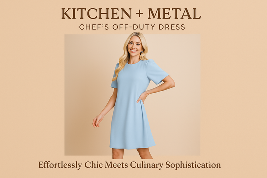 Kitchen + Metal branded product image featuring a light blue dress with chef-inspired styling