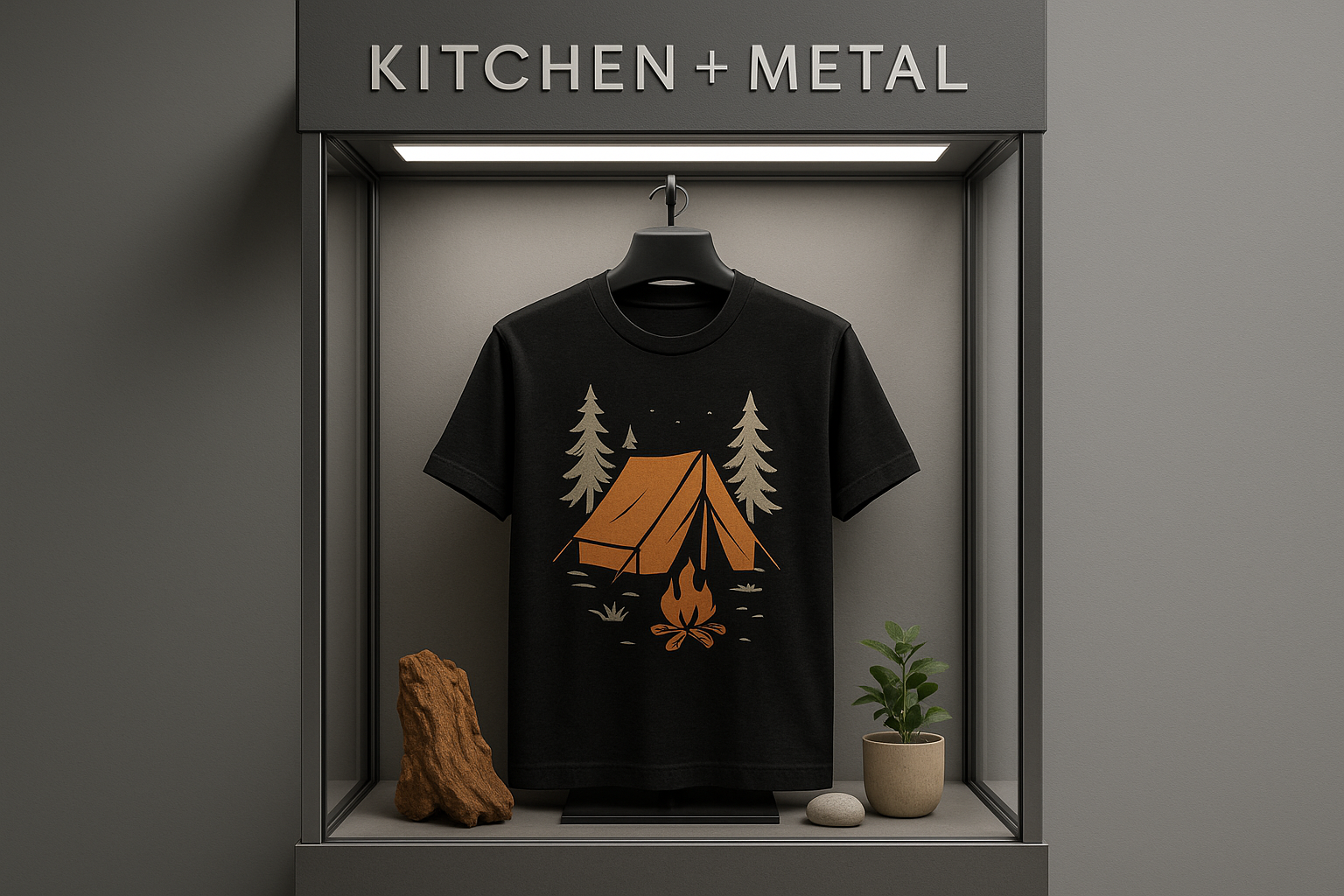 Kitchen + Metal Camping Nature T-Shirt Marketing Display