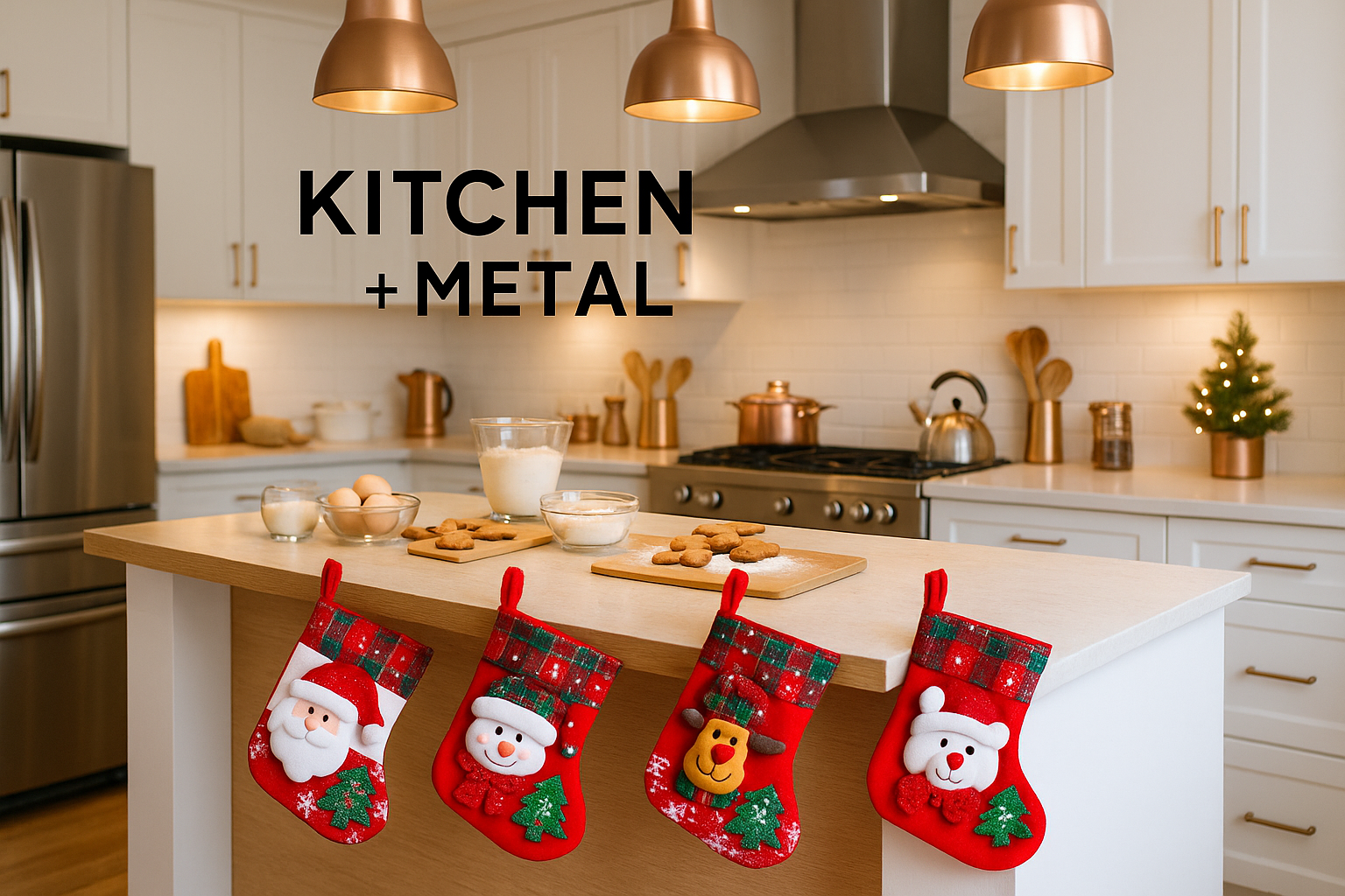 Kitchen + Metal Christmas stockings in a modern kitchen setting