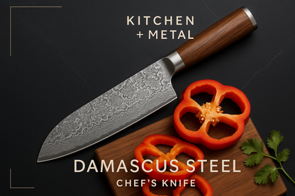 Kitchen + Metal Damascus knife graphic