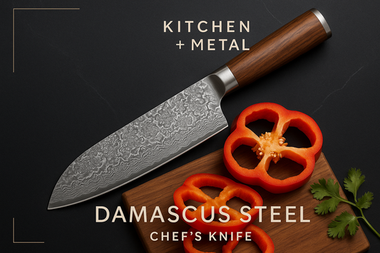 Kitchen + Metal Damascus knife graphic