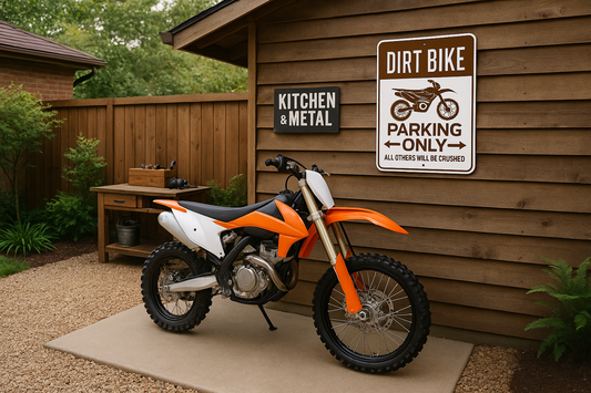 Kitchen + Metal Dirt Bike Parking Sign - Outdoor Home Setting