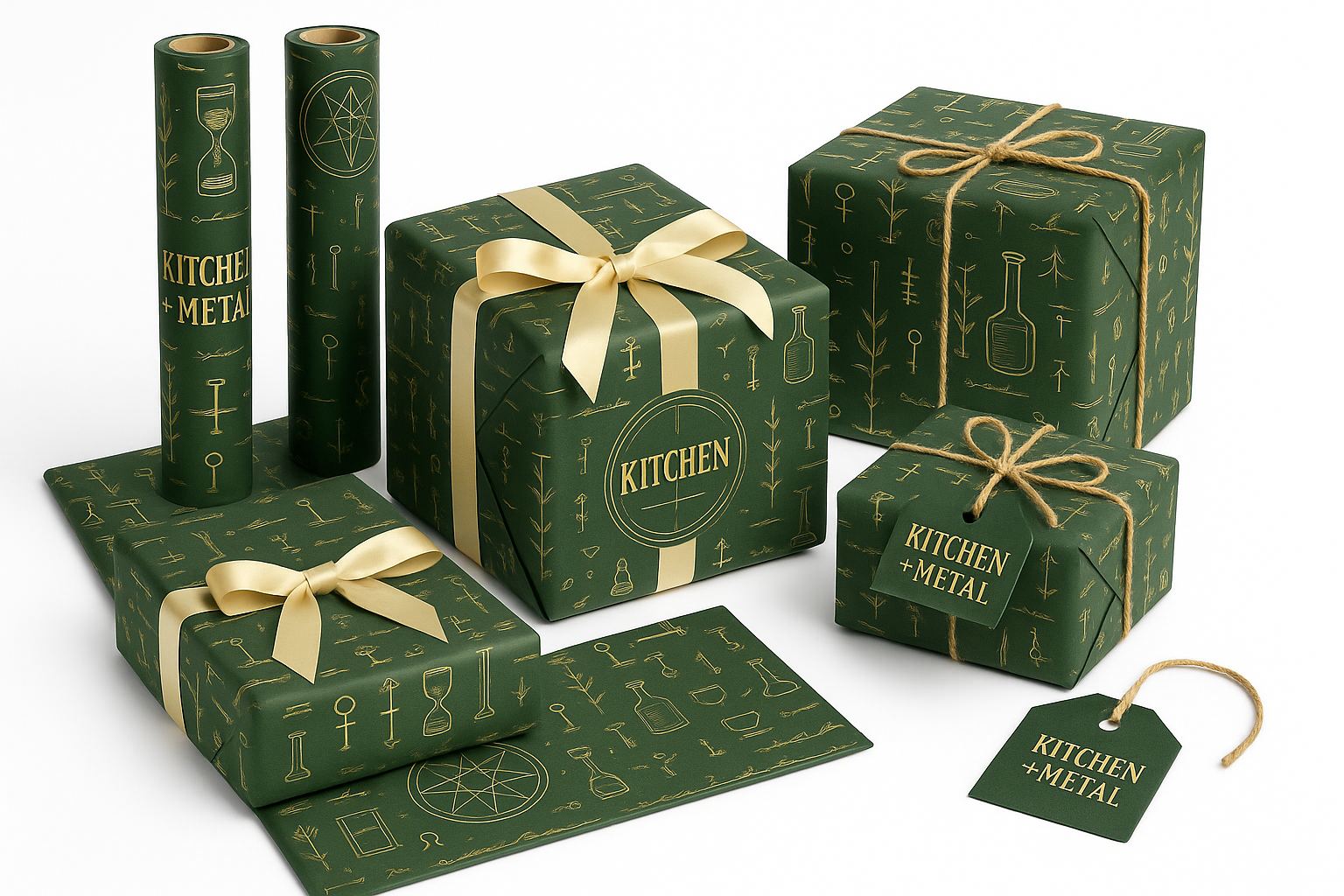 Green gift boxes with gold ribbons and 'Kitchen + Metal' branding on a white background