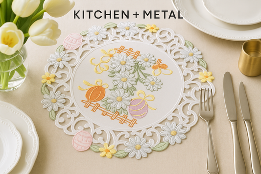 Kitchen + Metal Easter Embroidered Doily Display