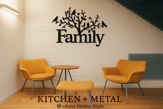 Kitchen + Metal Family Tree Wall Art in Modern Home Setting