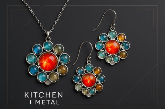 Kitchen + Metal gemstone flower jewelry set graphic