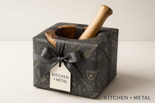 Kitchen + Metal Gift Wrapped Olive Wood Mortar & Pestle - 300 DPI