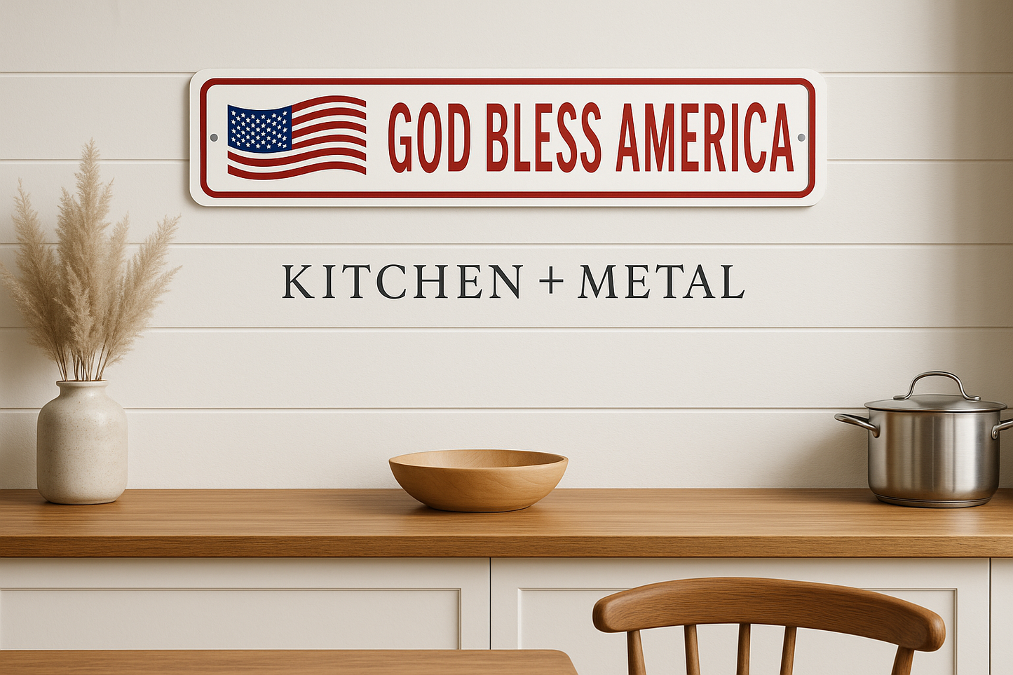 Kitchen + Metal God Bless America Patriotic Sign