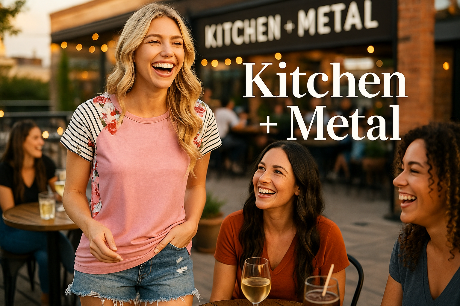 Kitchen + Metal lifestyle image featuring a model in pink floral top with friends