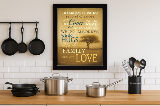 Kitchen + Metal lifestyle image featuring family values wall art in a modern kitchen setting