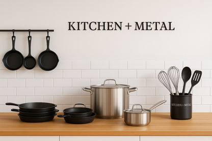 Kitchen + Metal lifestyle image featuring premium cookware and typography in a modern kitchen setting