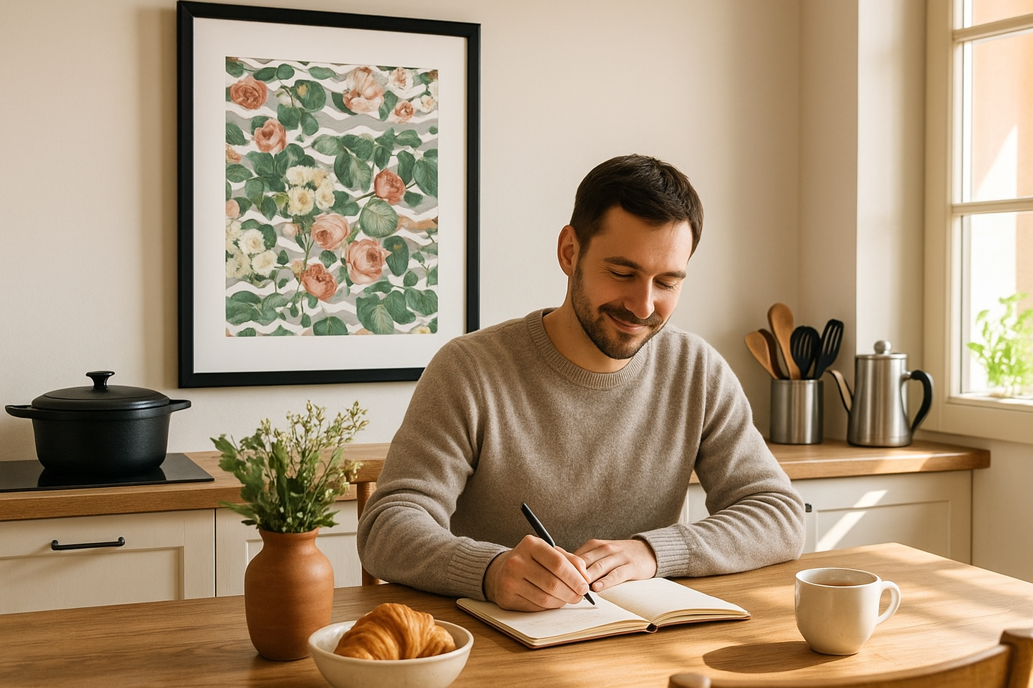 Kitchen + Metal lifestyle image featuring vintage garden floral print in cozy breakfast nook with off-duty chef writing recipes