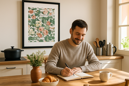 Kitchen + Metal lifestyle image featuring vintage garden floral print in cozy breakfast nook with off-duty chef writing recipes