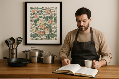 Kitchen + Metal lifestyle image featuring vintage garden floral print with off-duty chef in home kitchen setting
