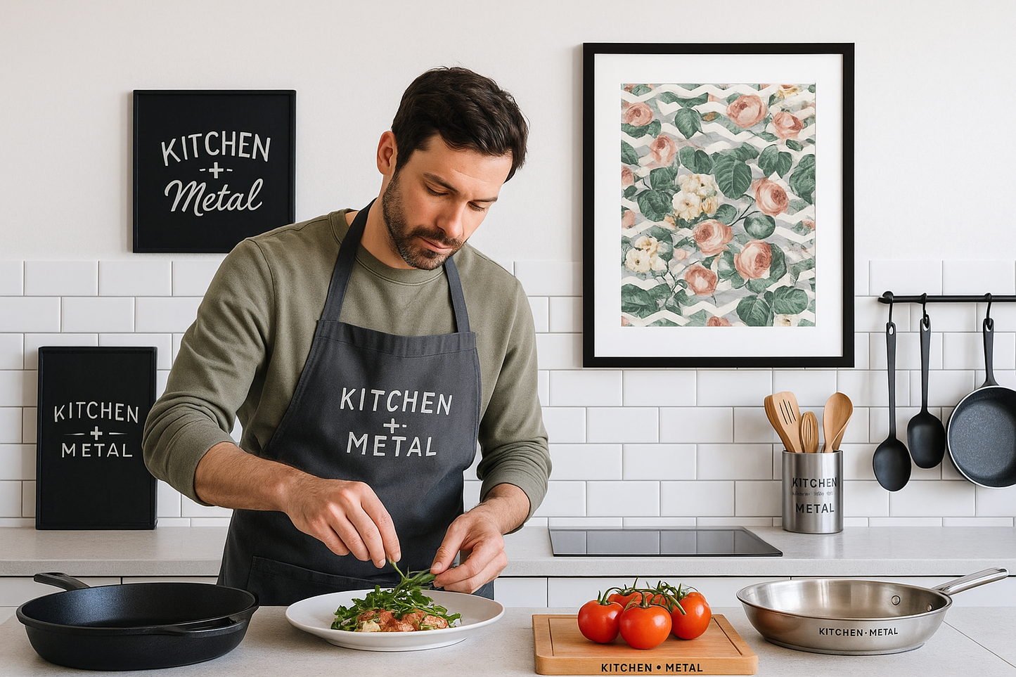 Kitchen + Metal lifestyle image featuring vintage garden floral print with prominent Kitchen + Metal typography and branding