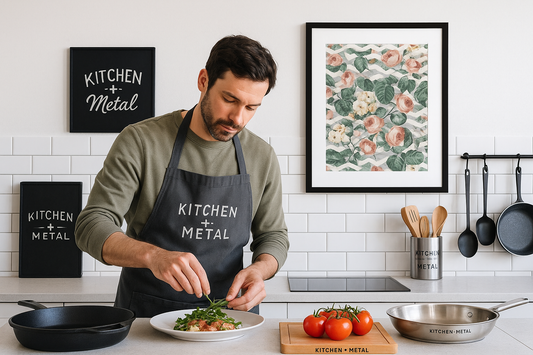 Kitchen + Metal lifestyle image featuring vintage garden floral print with prominent Kitchen + Metal typography and branding