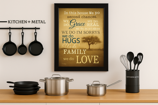 Kitchen + Metal lifestyle image featuring "We Do 1" Black Framed Print Wall Art in a premium kitchen setting