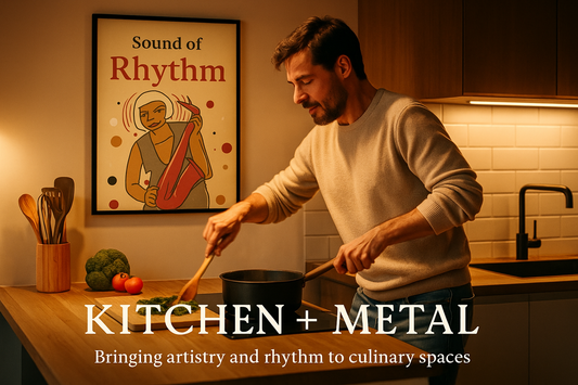 Kitchen + Metal lifestyle image with chef and Sound of Rhythm print