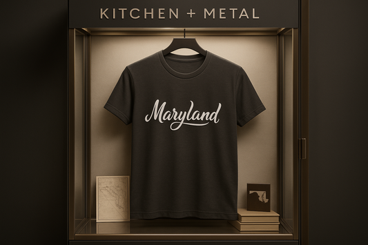 Kitchen + Metal Maryland Calligraphy T-Shirt Marketing Display