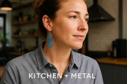Kitchen + Metal - Off-Duty Chef Wearing Blue Geometric Earrings