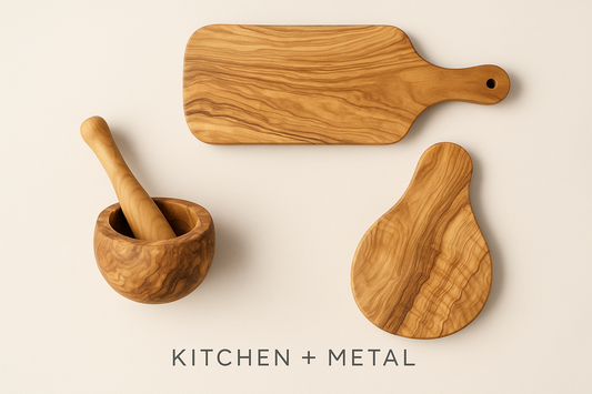 Kitchen + Metal Olive Wood Cutting Boards - Clean Product Shot 300 DPI