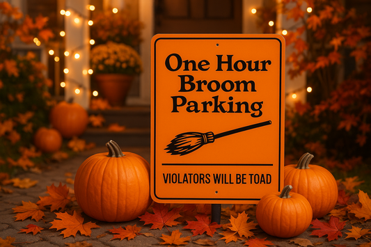 Kitchen + Metal One Hour Broom Parking Halloween Sign - Happy Theme
